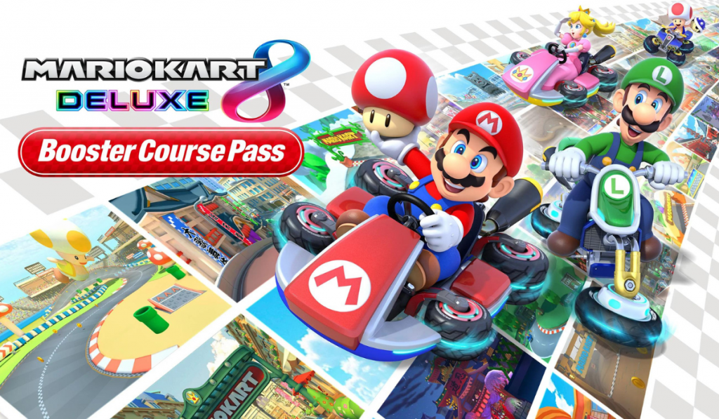 The key art for the Mario Kart 8 Deluxe Booster Course Pass. It features Mario, Toad, Luigi, and Peach driving their karts across a road made of screenshots from the new tracks from the expansion.
