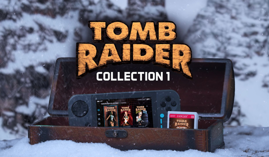 An open wooden chest sitting in the snow with an Evercade EXP-R inside with a Tomb Raider Collection cartridge beside it. An overlaide logo above reads Tomb Raider Collection 1 in Yellow and white text