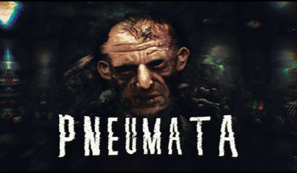 The feature image for the game Pneumata. The title text is white and looks like it is shivering while a face of an old man lurks behind. The face also looks like it's damaged on it head.