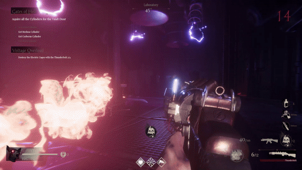 A gif of me running to the side while reloading my gun. The area is mainly tinted purple and there is a enemy firing a ball of fire at me.