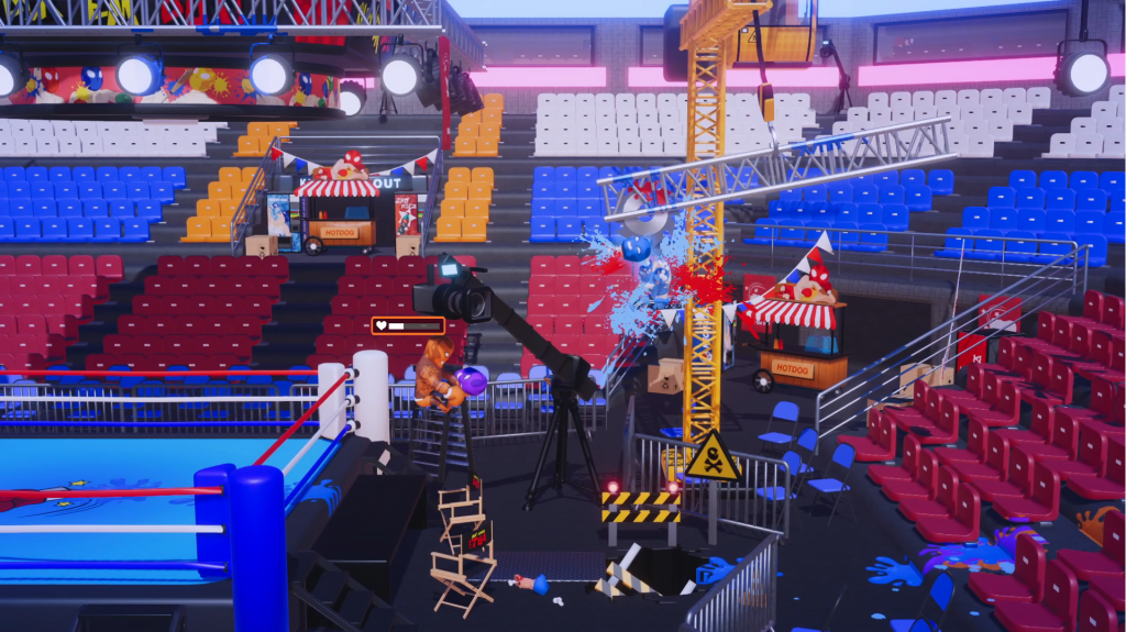 A vibrant construction site featuring cranes, buzz saws, signs and more. Two characters fight. One is dismembered by the buzz saw with blue point splattered everwhere.