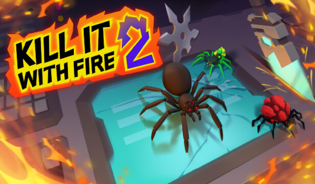 The feature image for Kill It With Fire 2. The image shows three spiders each with a unique design and a ninja star on a table. The title texts has the words surrounded by fire and the two is painted blue, with the top more like the head of a flame.
