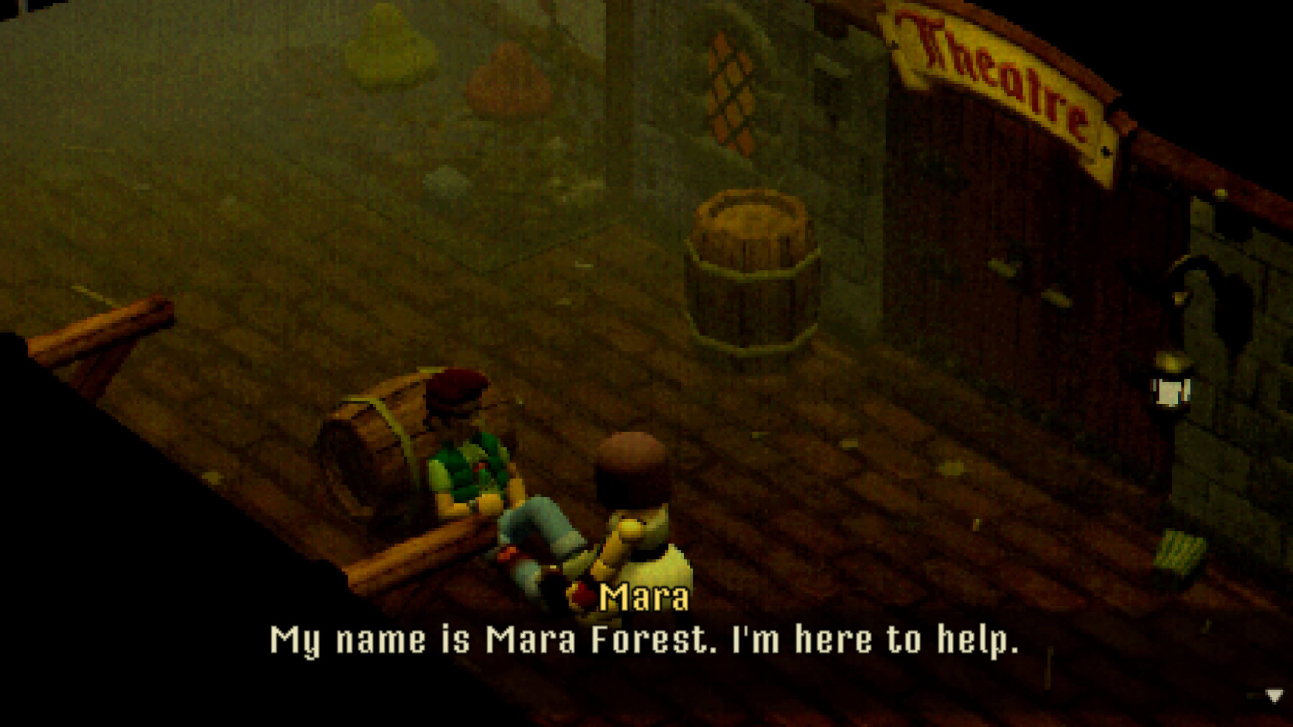The main character is introducing herself to the injured man. The man is laying against a wooden barrel. To the right of them is a door with a sing above them with the locations name (Theatre).