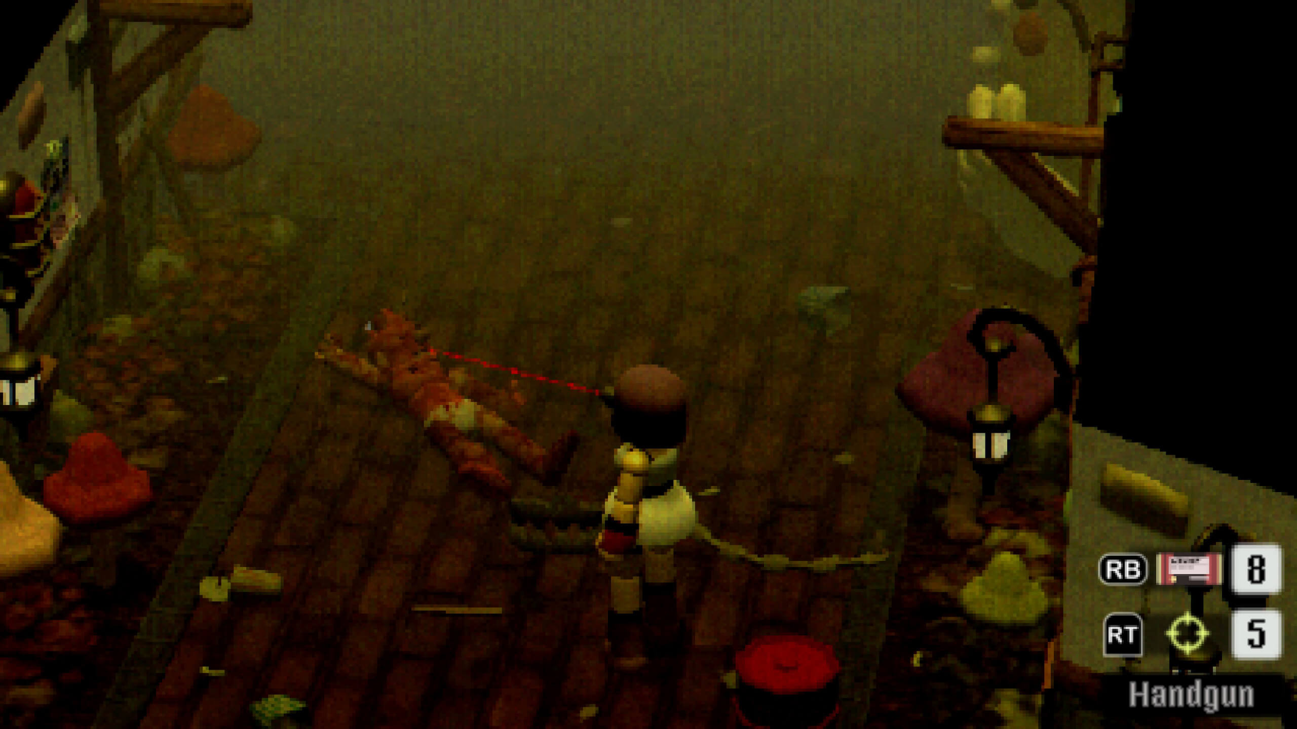 I'm aiming my gun at a creature I just killed to make sure it is dead. You can see my laser sight and where exactly I am aiming.