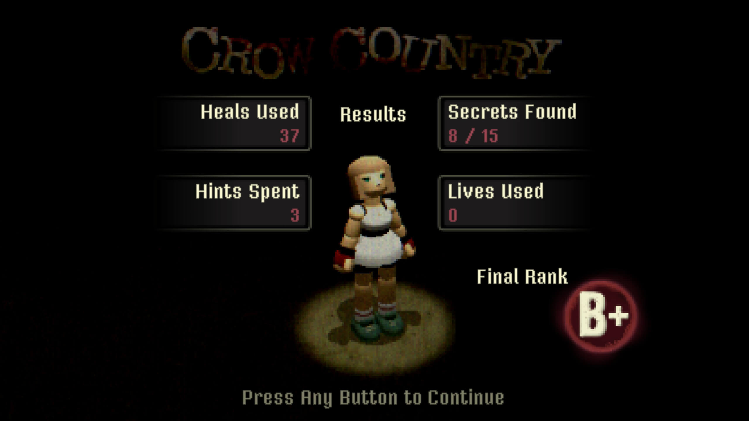 The results screen at the end of the game. It displays how many heals I used and also how many secrets I found. The bottom right shows my grade which was B+
