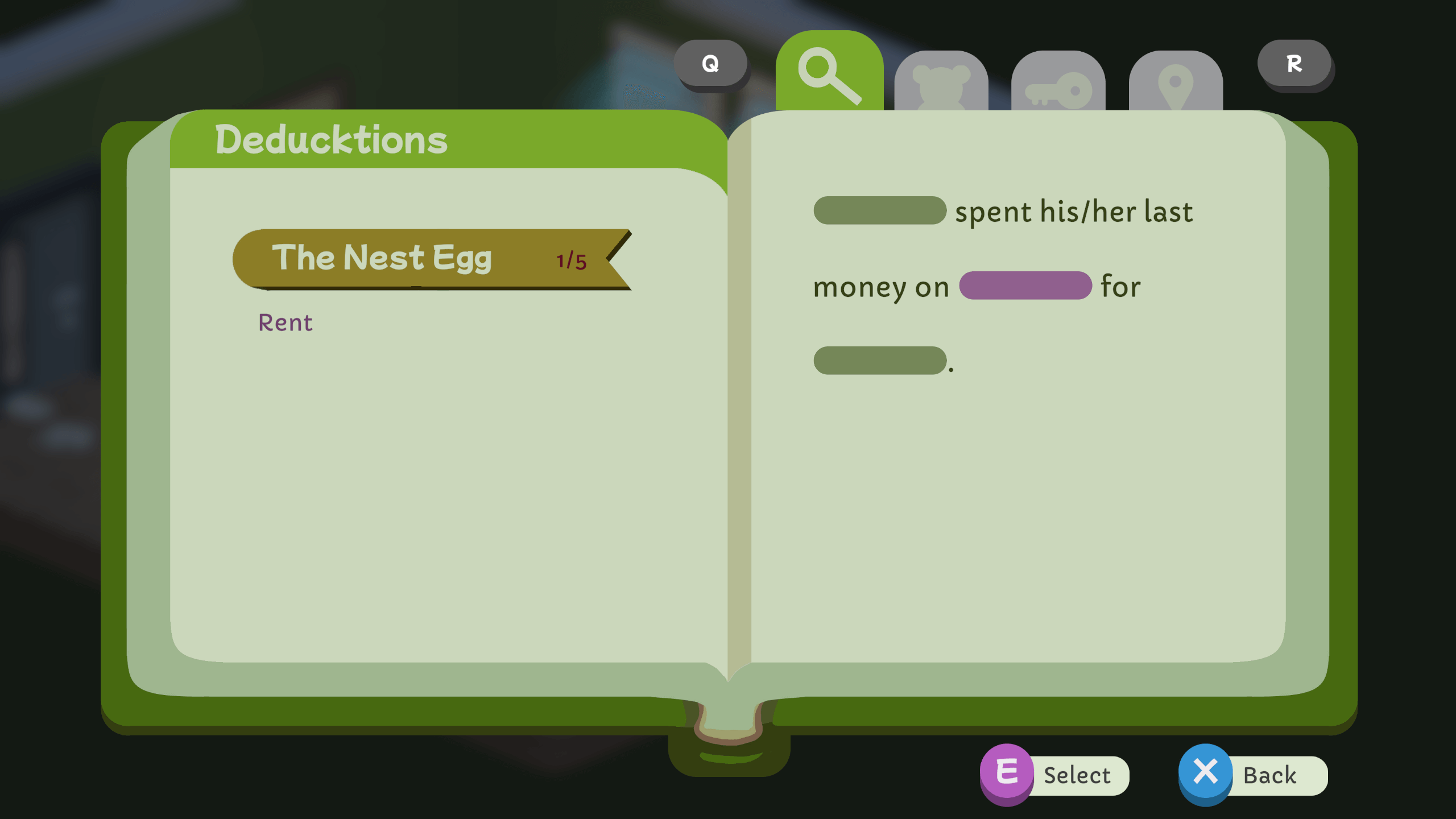 A screenshot from Duck Detective. It shows a green note book with the deductions on the left and the fill-in-the-blanks puzzle on the right. The pages are a pale creamy green colour.