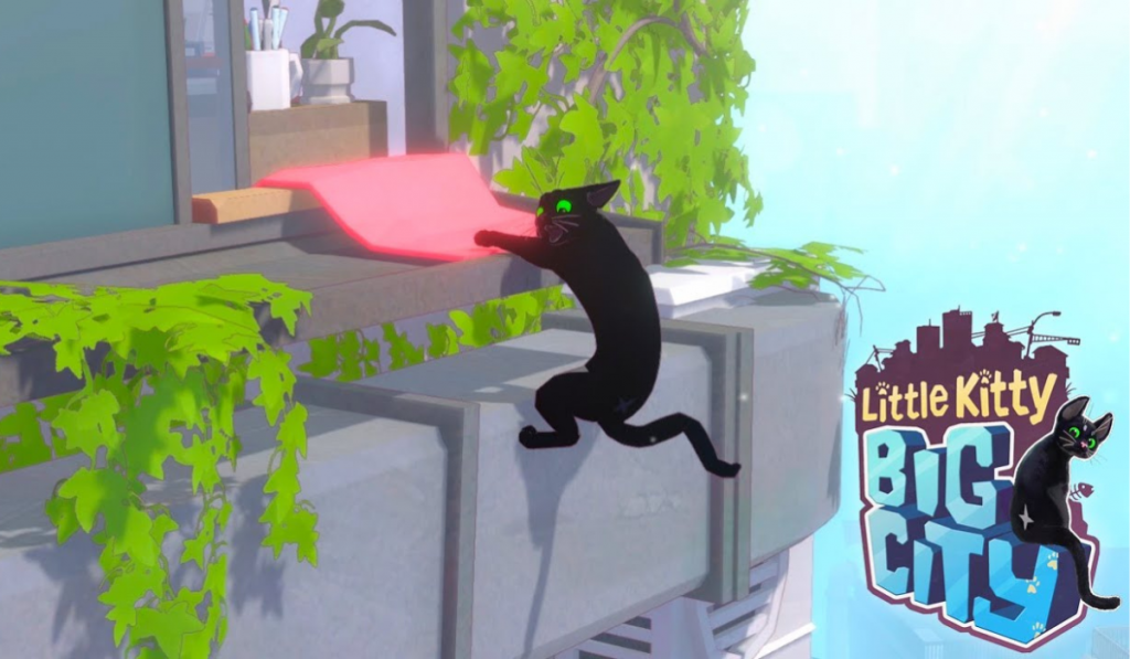 This photograph shows a city like background, with blue skies. In the middle of the photograph the words "Little Kitty, Big City" in white colouring can be seen. Finally, there is a black cat who is jumping out of the photograph.
