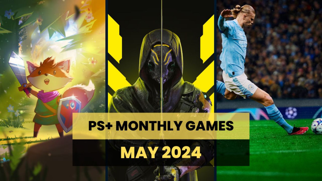image split into 3 vertical columns showing artwork for the PS Plus May 2024 Monthly Games. Tunic on left, Ghostrunner 2 in middle and FC24 on right