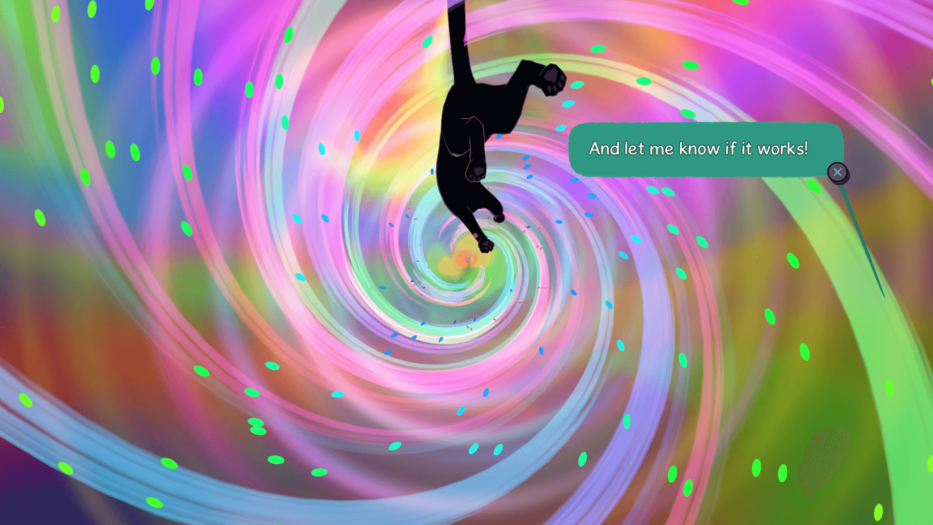 This is a photograph of a kitty travelling through space. There is multiple different colours in a swirl motion. The racoon has also said "And let me know if it works!" 