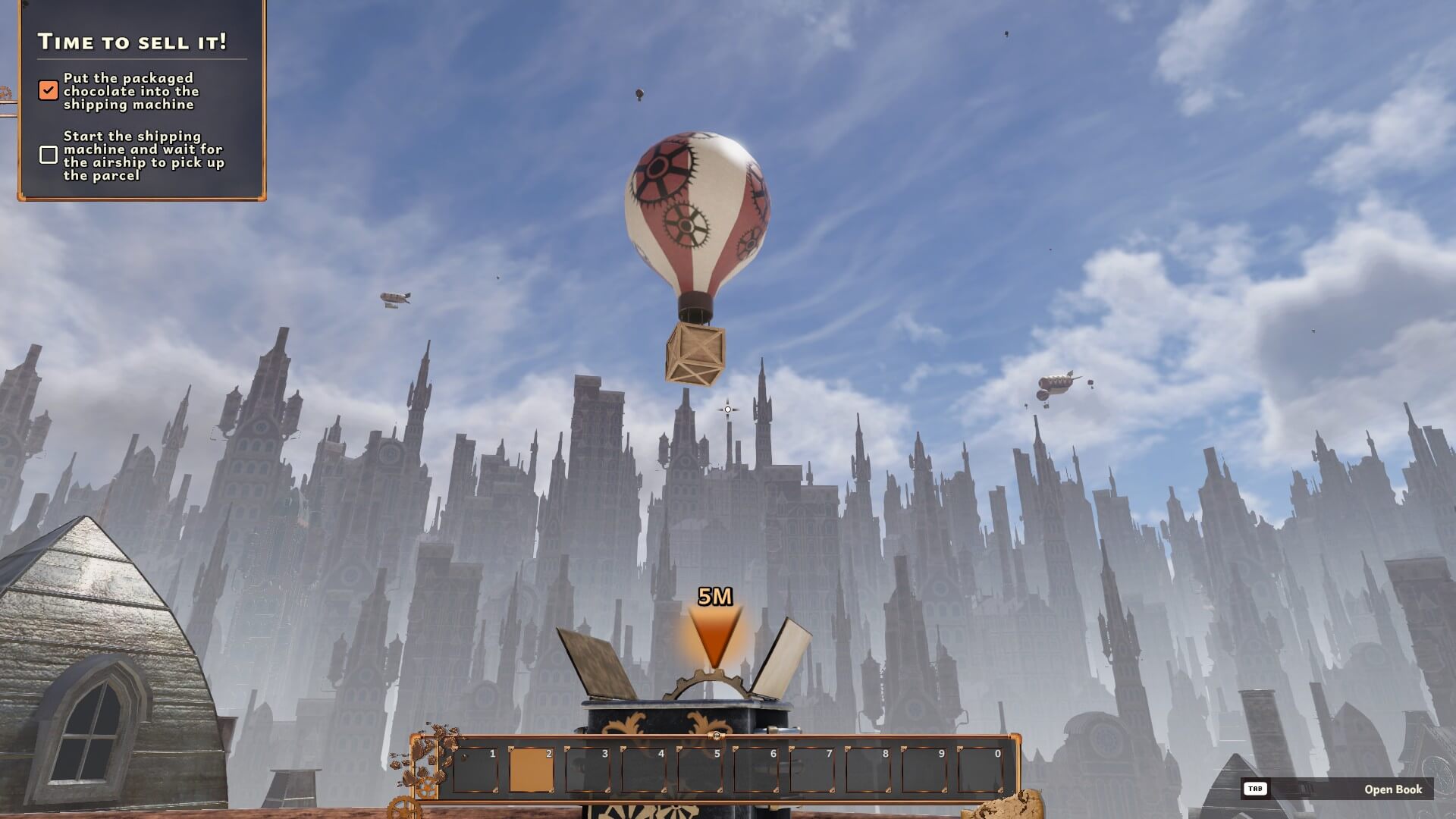 a screenshot of me sending a bar of chocolate out for delivery. The balloon is how the package gets around. Below is the device in which we place the package. 