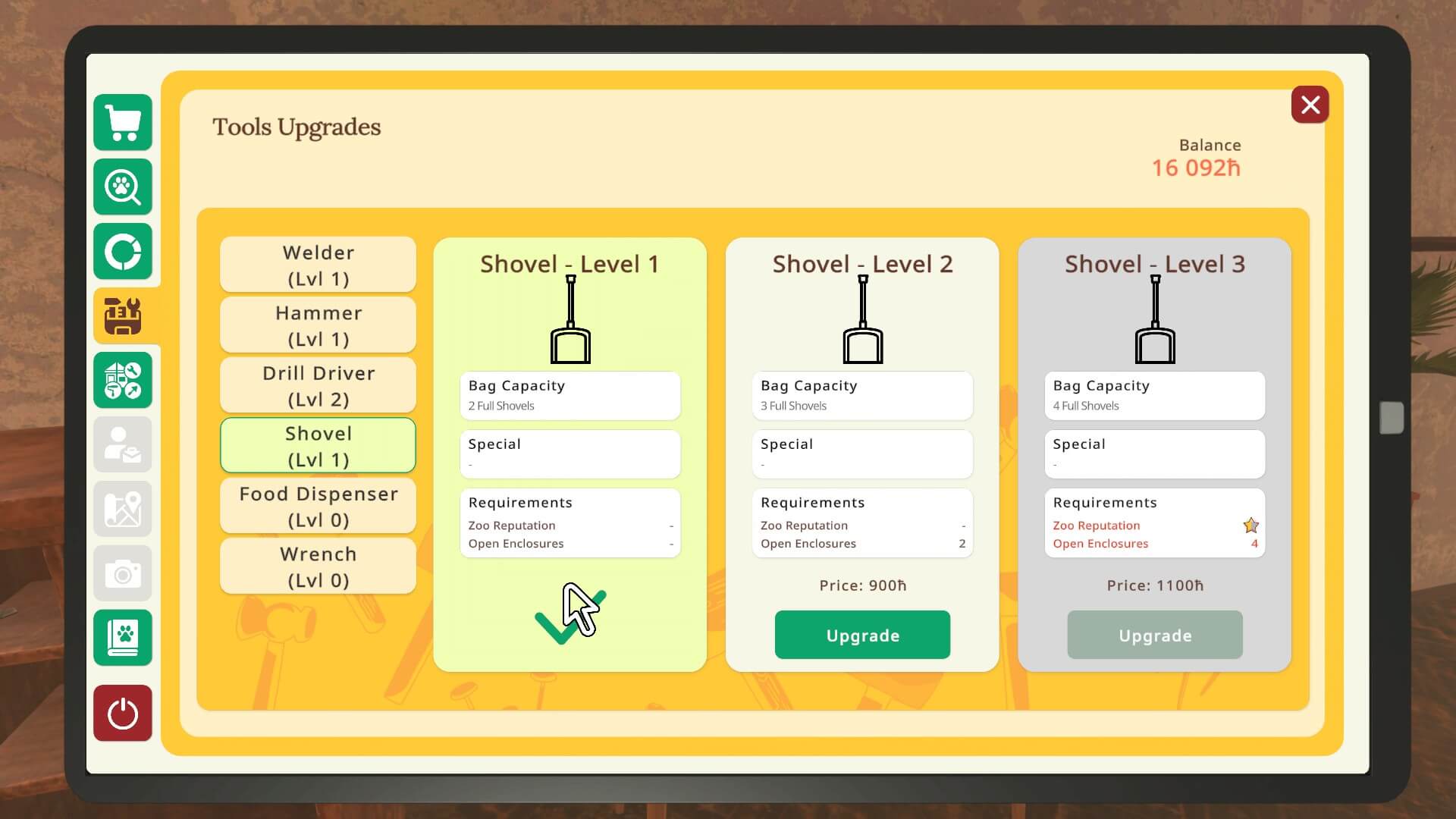 A list of the upgrades for the shovel and what they do.