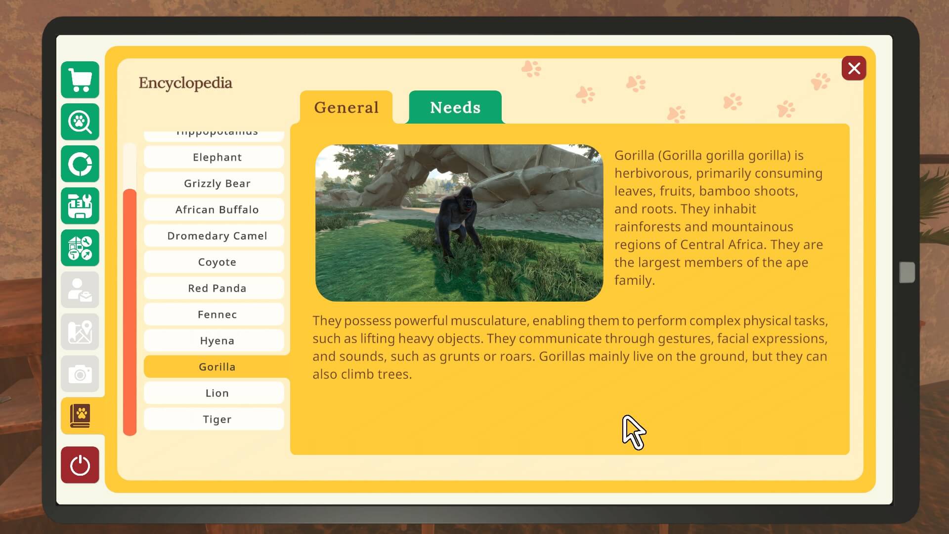 The encyclopedia section of the tablet. There are two pages for each animal, the first is a little about the animal and the second the prefered living conditions.
