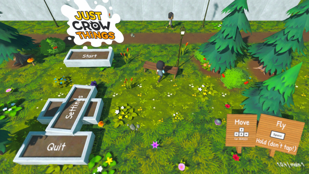 Screenshot from Just Crow Things. Different flower beds with words written on it. The crow has one of the beds in their beak.
