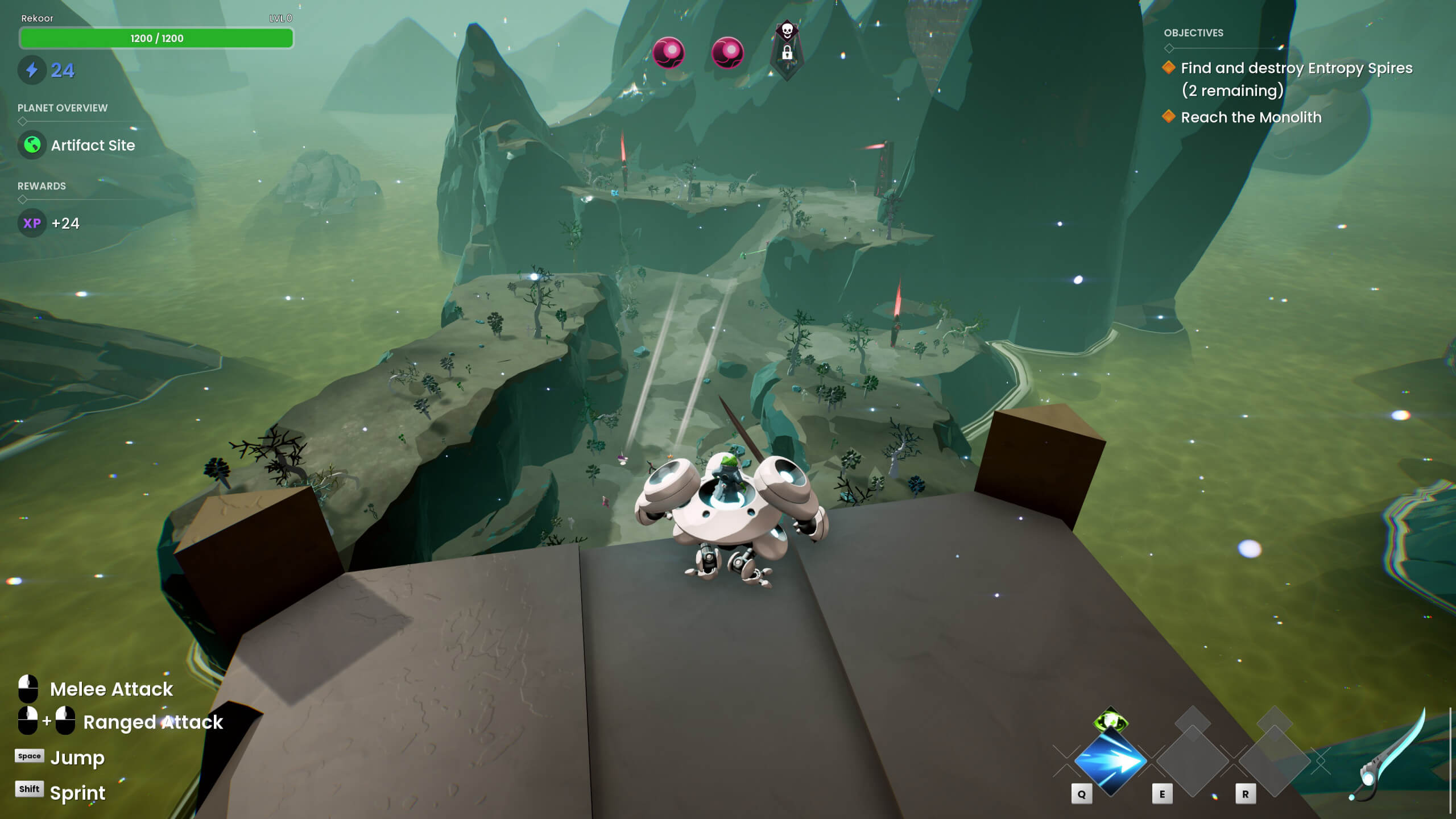 The player character, a frog standing atop a robot, stands at the edge of a ledge overlooking the planet environment. The rising red beams from two entropy spires can be seen in the distance to the left and closer to the right, with the final monolith of the level further in the distance to the right.