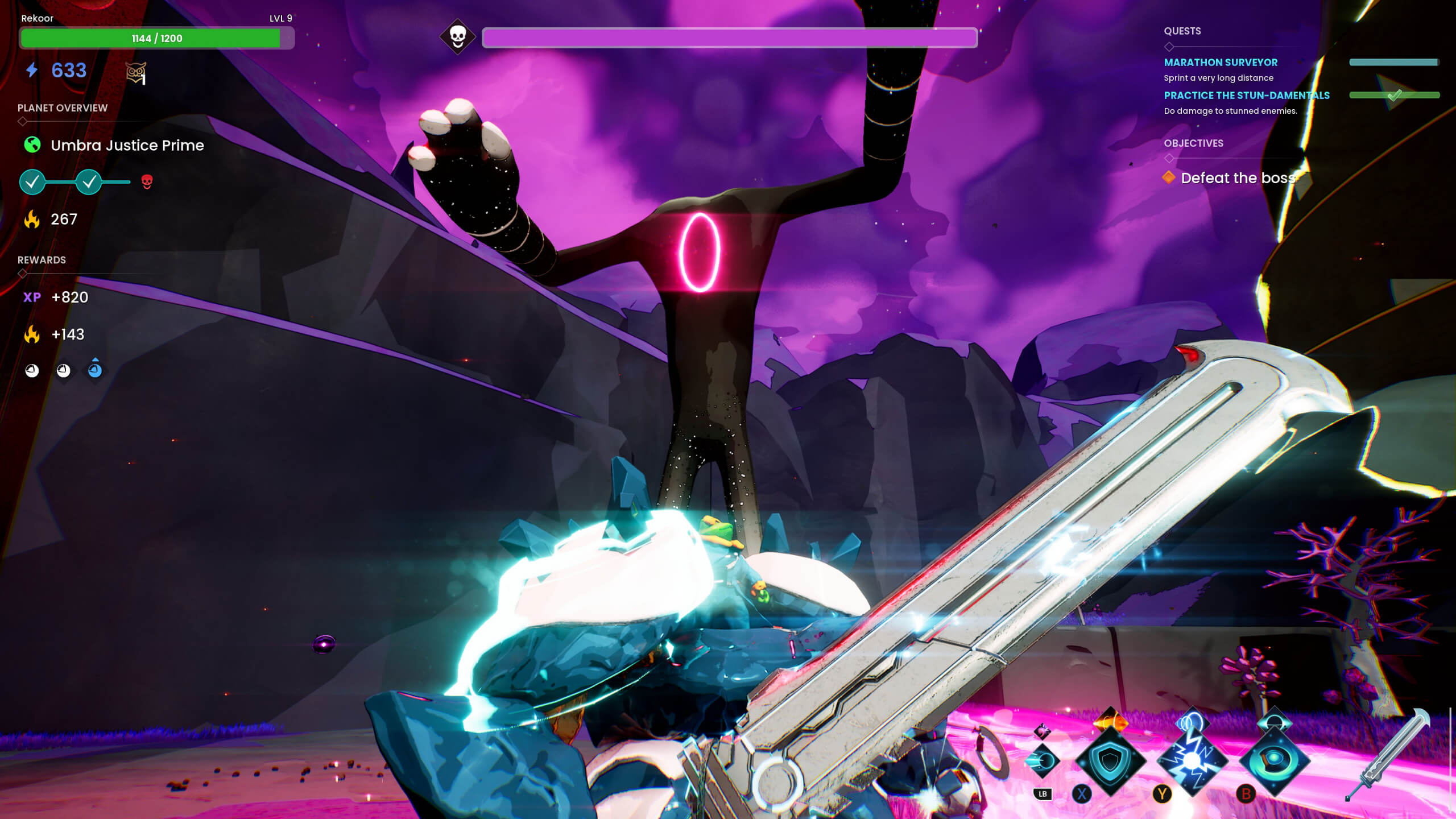 The player character, a large robot with a frog standing on the platform of it, is in the lower center part of the screen holding a large and wide sword. A very large enemy stands before them, with one circle in the center of its "head" area and two large raised arms coming after them.