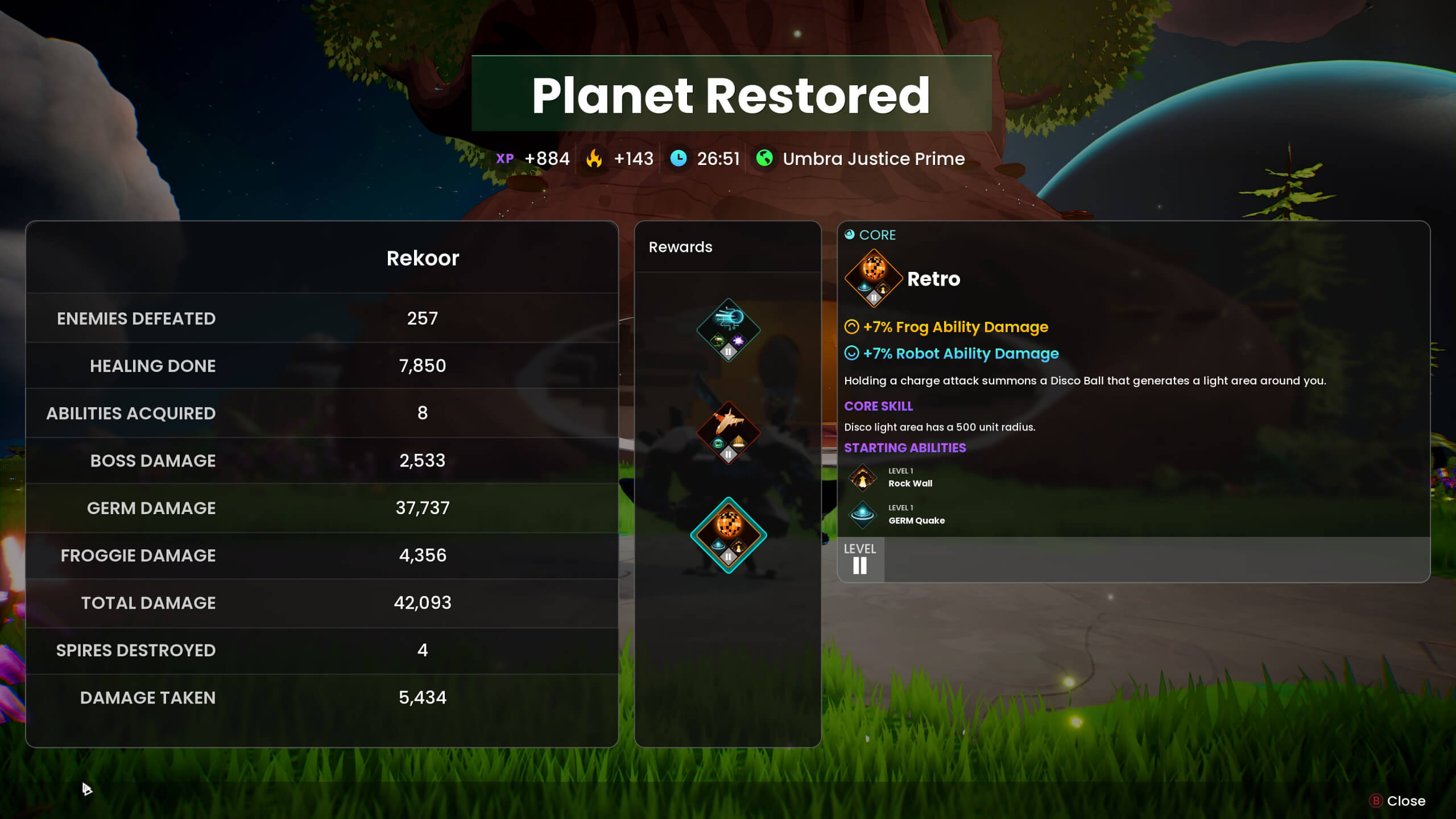 An end-of-round type summary is displayed after completing a run and restoring the planet. The summary provides information on type of damage done, overall damage done, and information about each of the items you've earned.