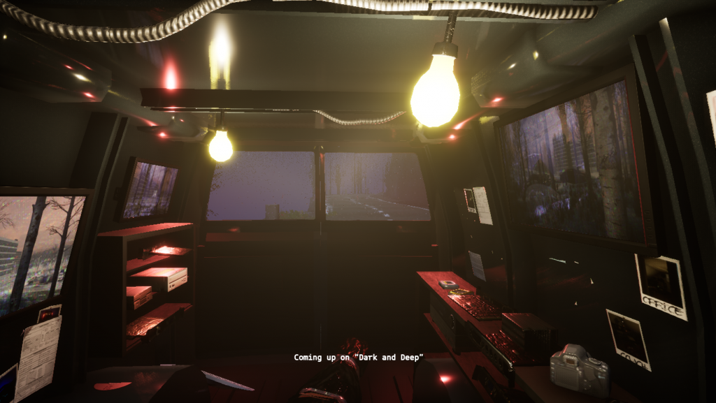 Screenshot from Dark and Deep. Inside of a Van with coloured lights all around VCR machine, camera, photos and other items