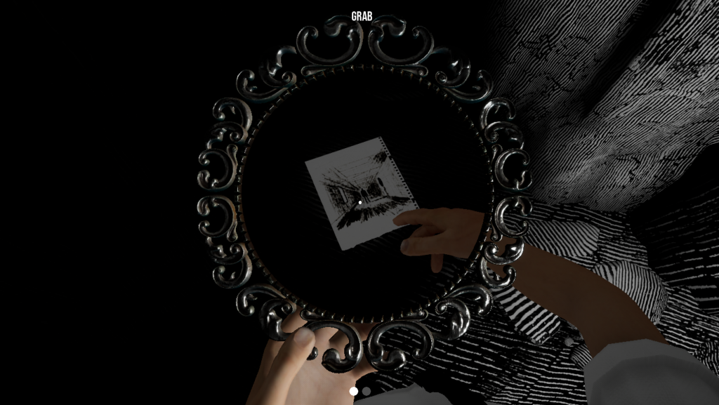 Screenshot from Dark and Deep. A picture frame held in a person's hand. Through it you can see a discovered sketched drawing of a lone man in a hallway.