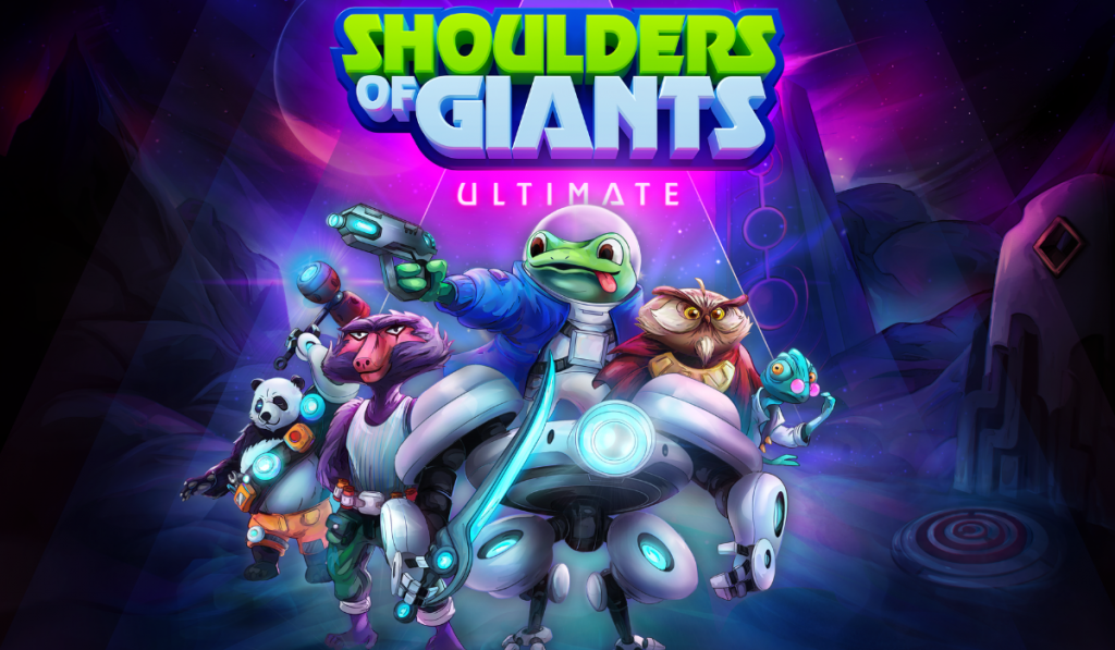 Shoulders of Giants: Ultimate title along the top with a frog holding a laser pistol in the center, it's robot below it. An Owl, Chameleon, Ape, and Panda flank either side as they fill out the rest of Frog's crew. The background is of a planet's surface with an encroaching Entropy monolith looming.