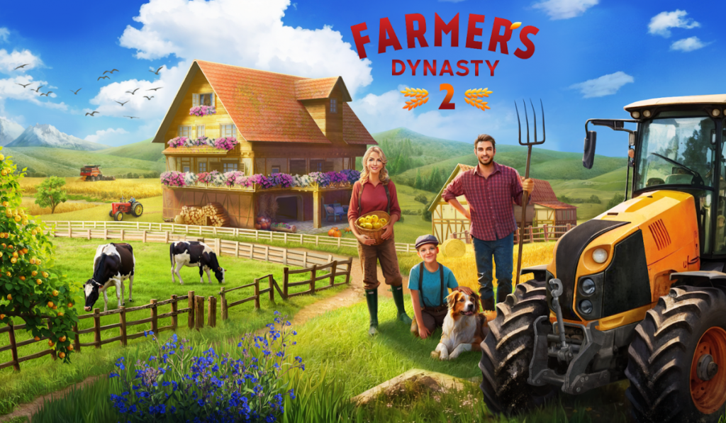 The image features a family that have their own farm, there is a blond woman, a brunette man and a child wearing a hat, cuddling a dog. In the background there is a farm house with some cows in front and a tractor to the side. The title of the game 'Farmer's Dynasty 2' is in the top centre of the screen in the sky.
