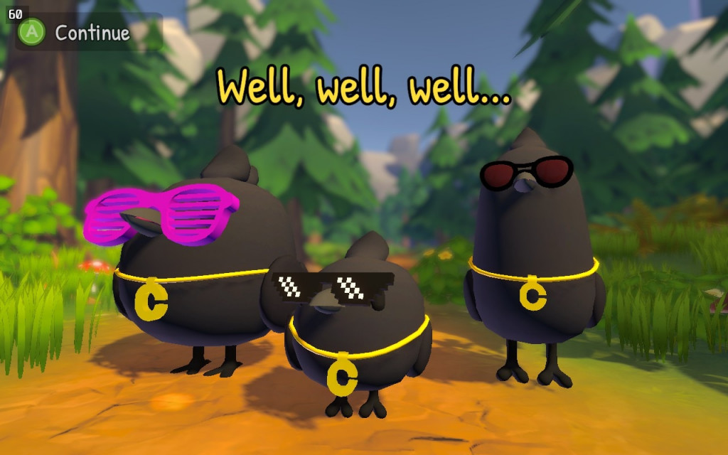 Screenshot from Just Crow Things. Three crows wearing fashionable sunglasses and necklaces.