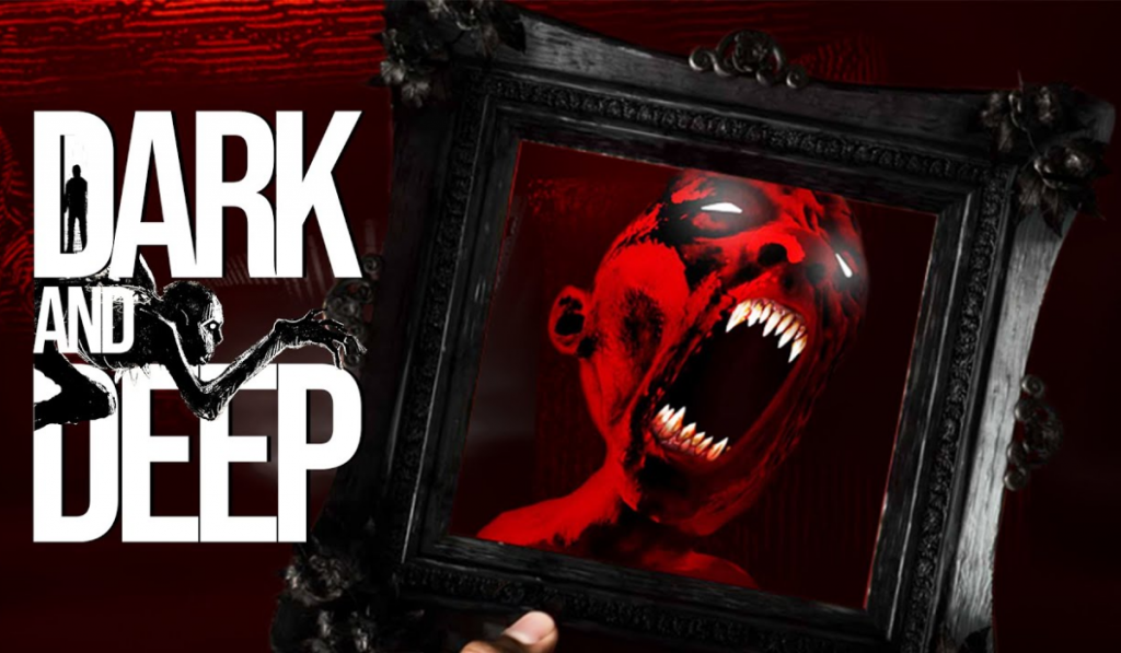 Official Dark and Deep promotional image. A monster shrouded in red shadow is framed literally by a black frame. They are baring their teeth and looking scary.
