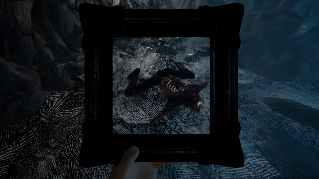Screenshot from Dark and Deep. A monster with rib-cage lays on the ground. It is only visible through a selective frame