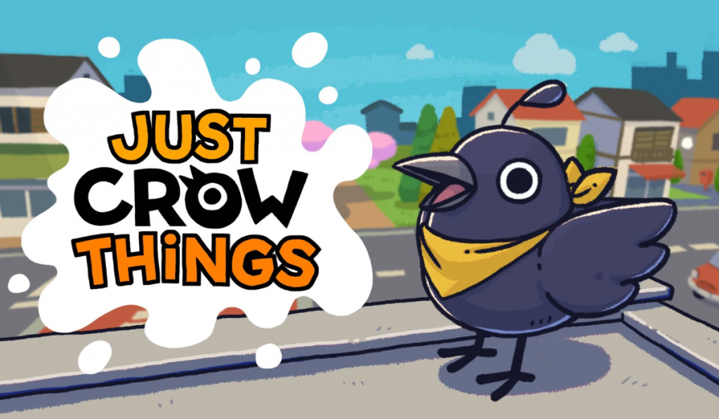 A crow with an adorable yellow scarf on stands on the roof of a building. Text reads: "Just Crow Things"