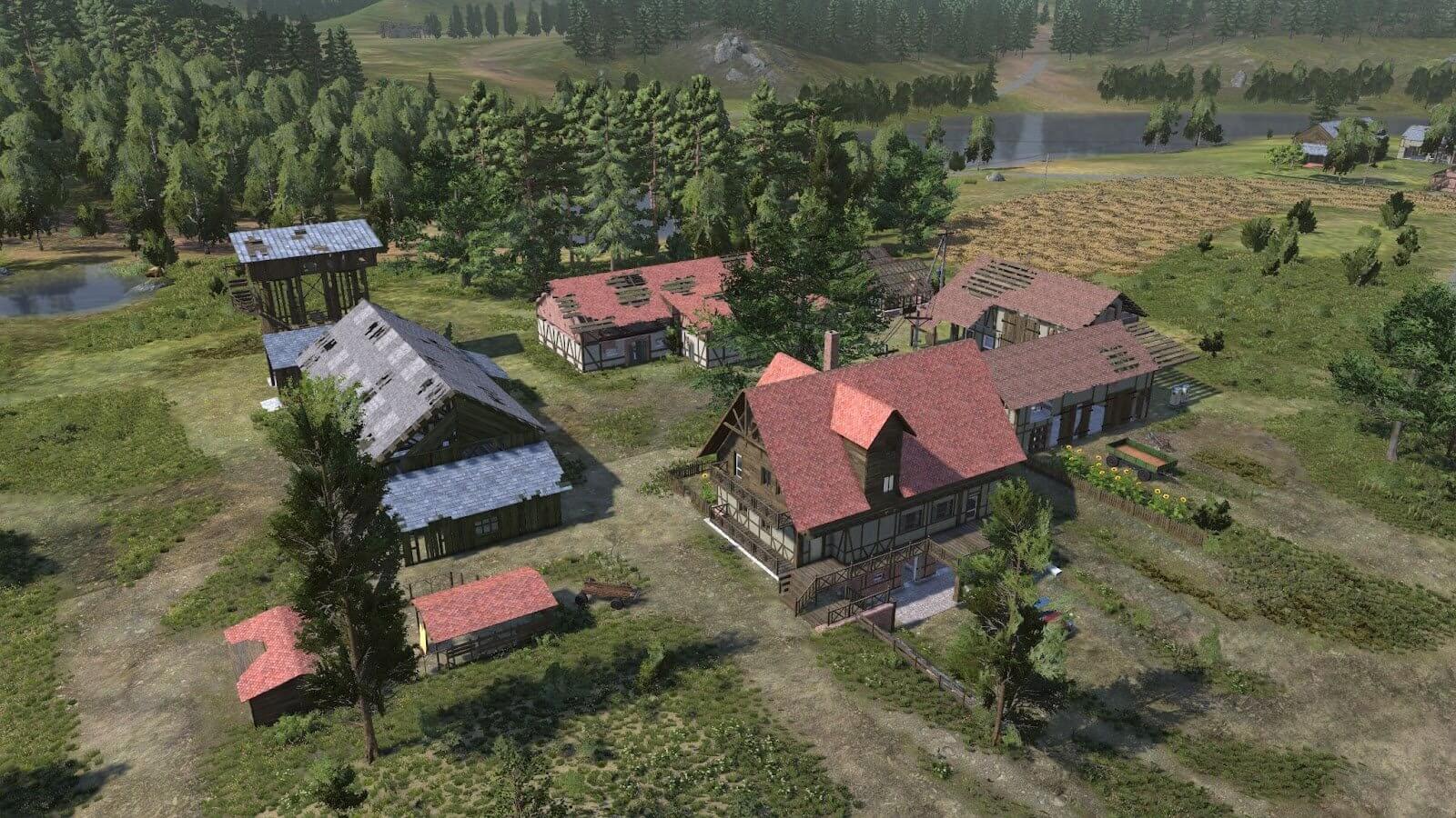 There are a collection of buildings on a farm surrounded by trees. One building is a well built farmhouse whilst the others all need repairing.