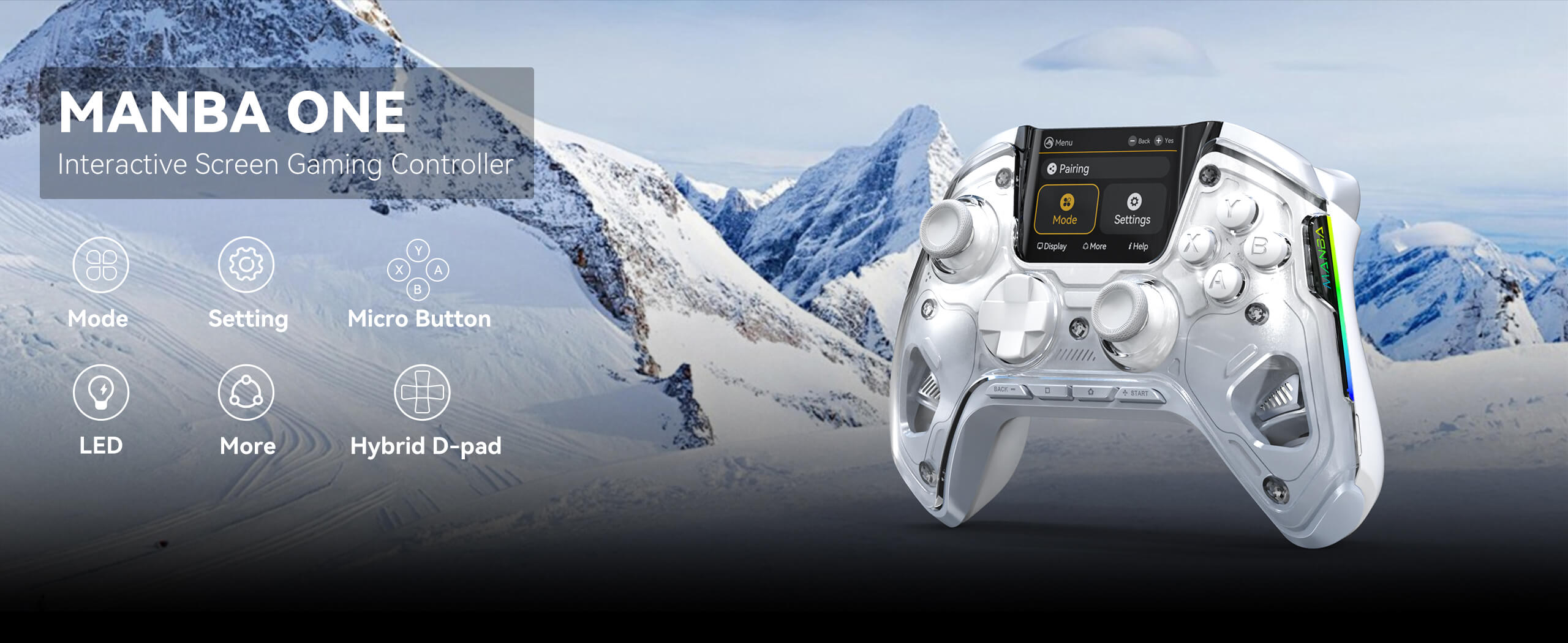 white manba one series controller on a background of snowy mountains with some text on the left showing what the controller is capable of doing.