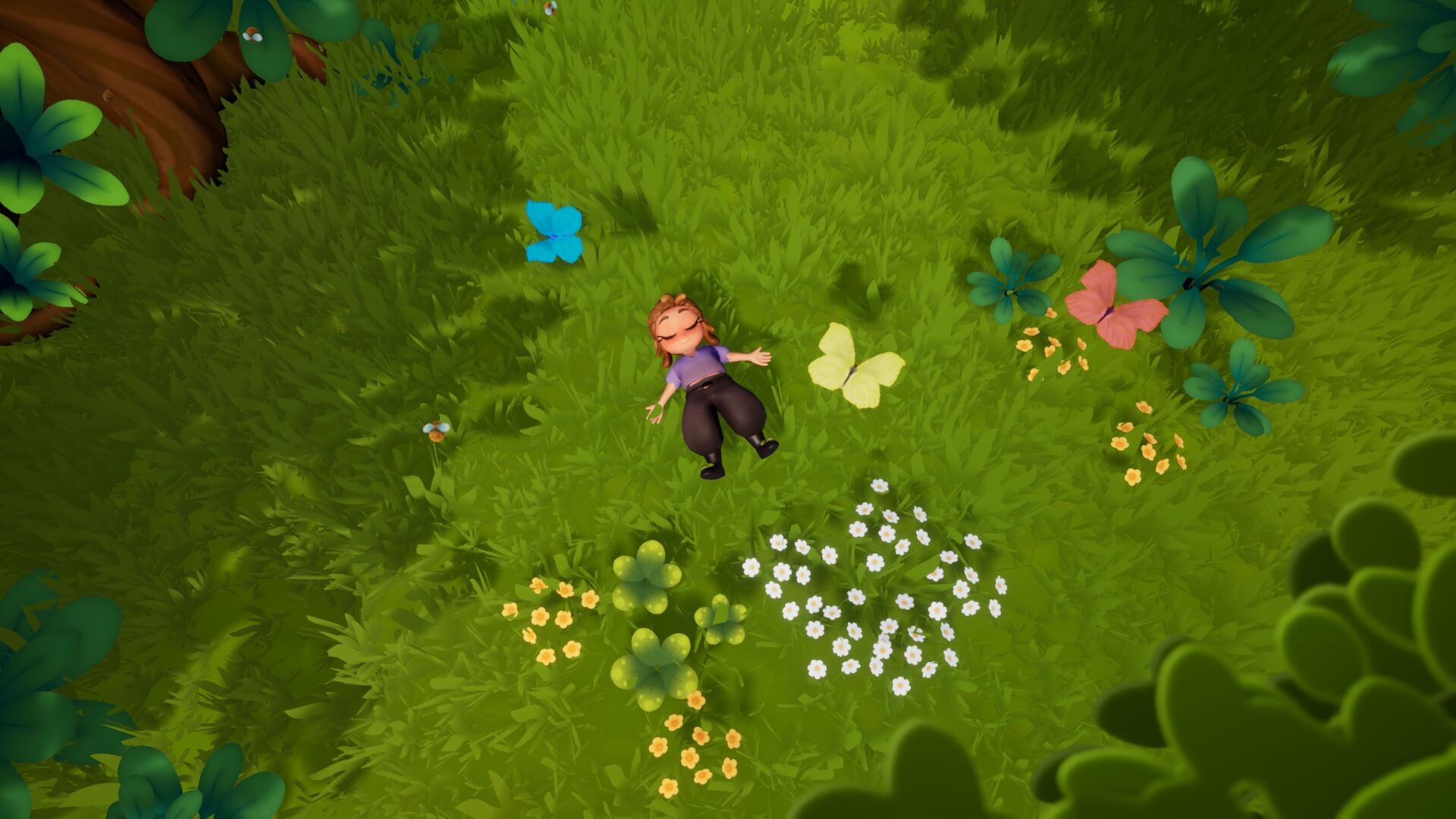 The female character is laid in a green field. There are white flowers by her feet as well as small yellow flowers. TO her left is a blue butterfly and to the right there is a red butterfly and a yellow butterfly.