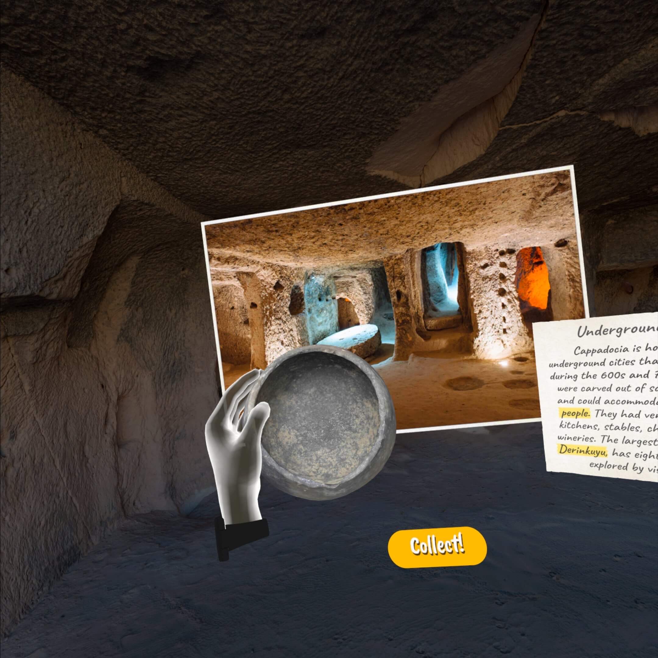 Screenshot of Brink Traveler. A hand holding a clay pot over a photo featuring an ancient underground city with text description.