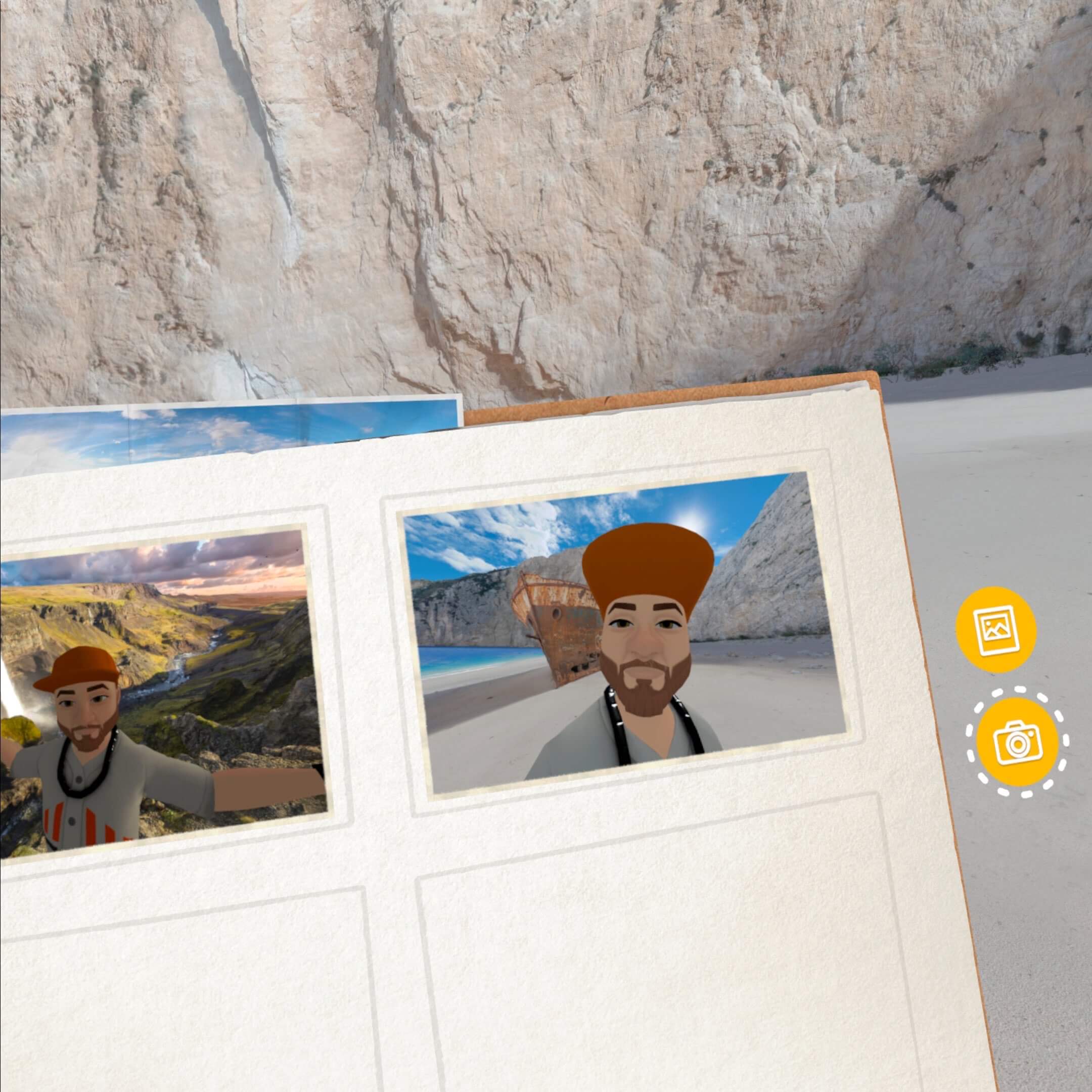Screenshot from Brink Traveler. Open photo album with scenic travel pictures, resting on a sandy surface.