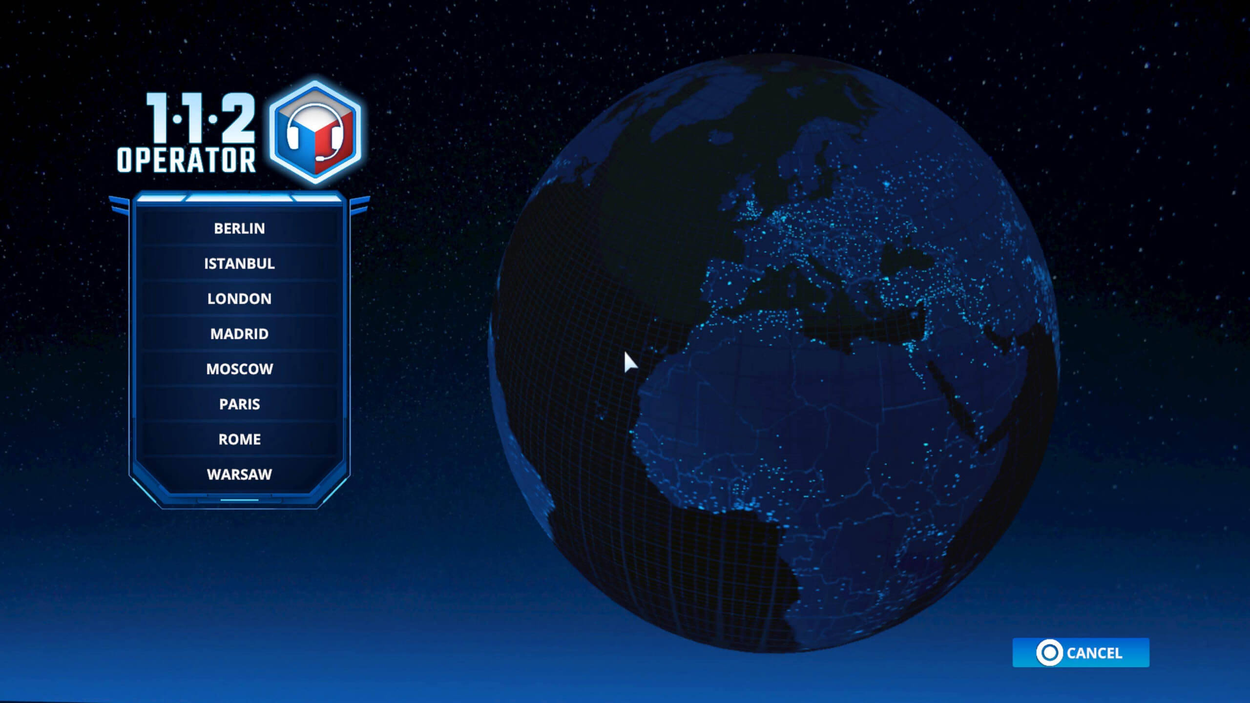 Menu screen of "112 Operator" game showing a list of cities and a globe with illuminated dots.