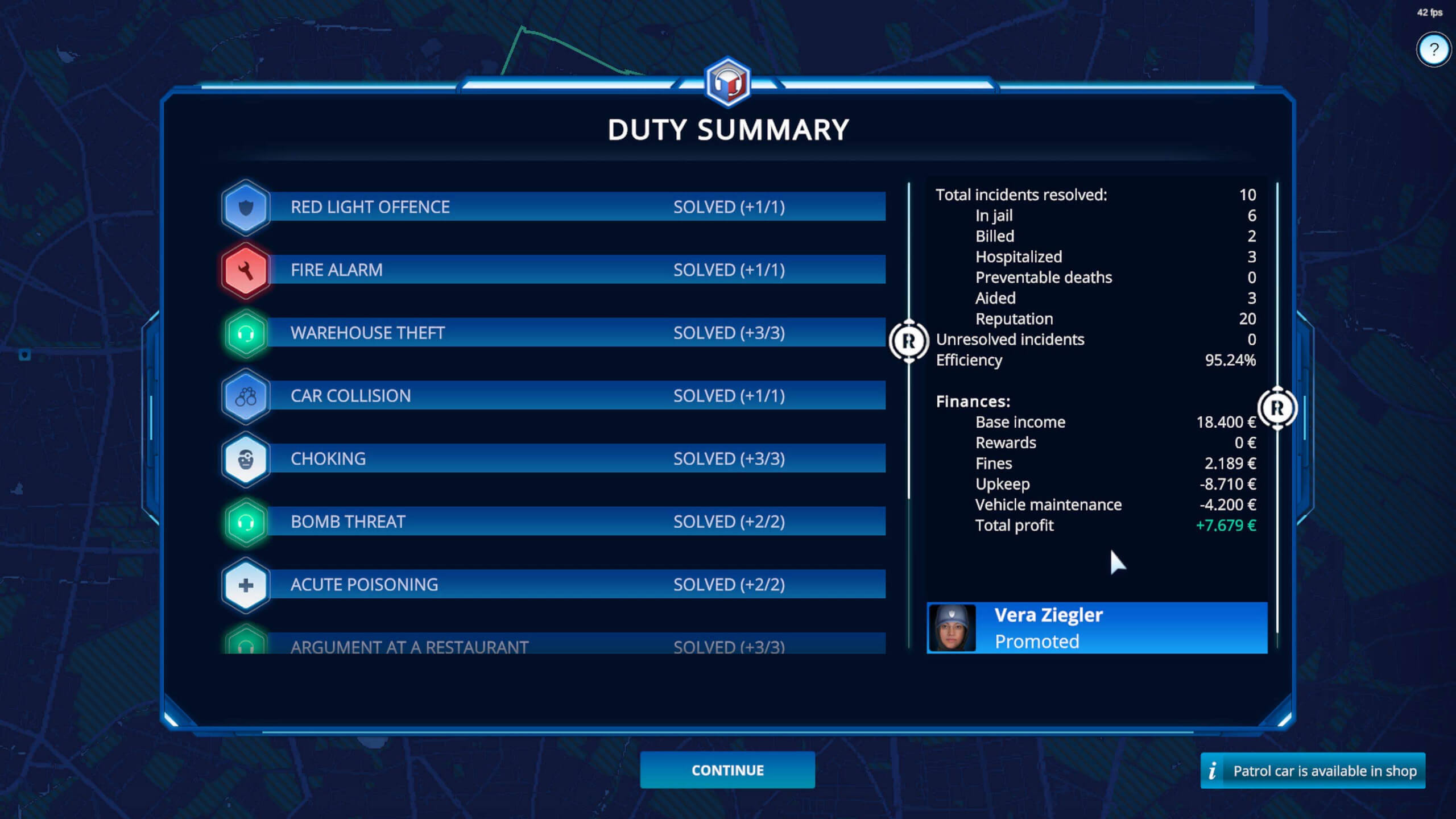 A screen displaying a duty summary with various incidents resolved and financial statistics.