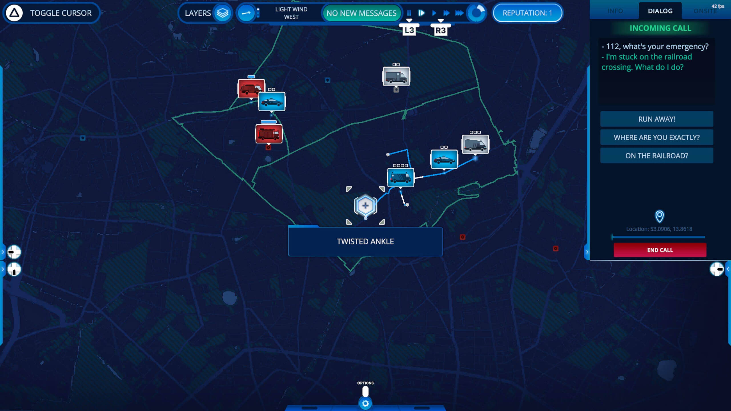 A closeup of the map showing the different types of vehicles available and emergencies that you need to dispatch services to. There is a pop up on the right hand side showing an on-going call between an NPC and the player.