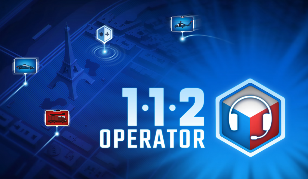 Promotional graphic for "112 Operator" game with emergency services icons and logo.