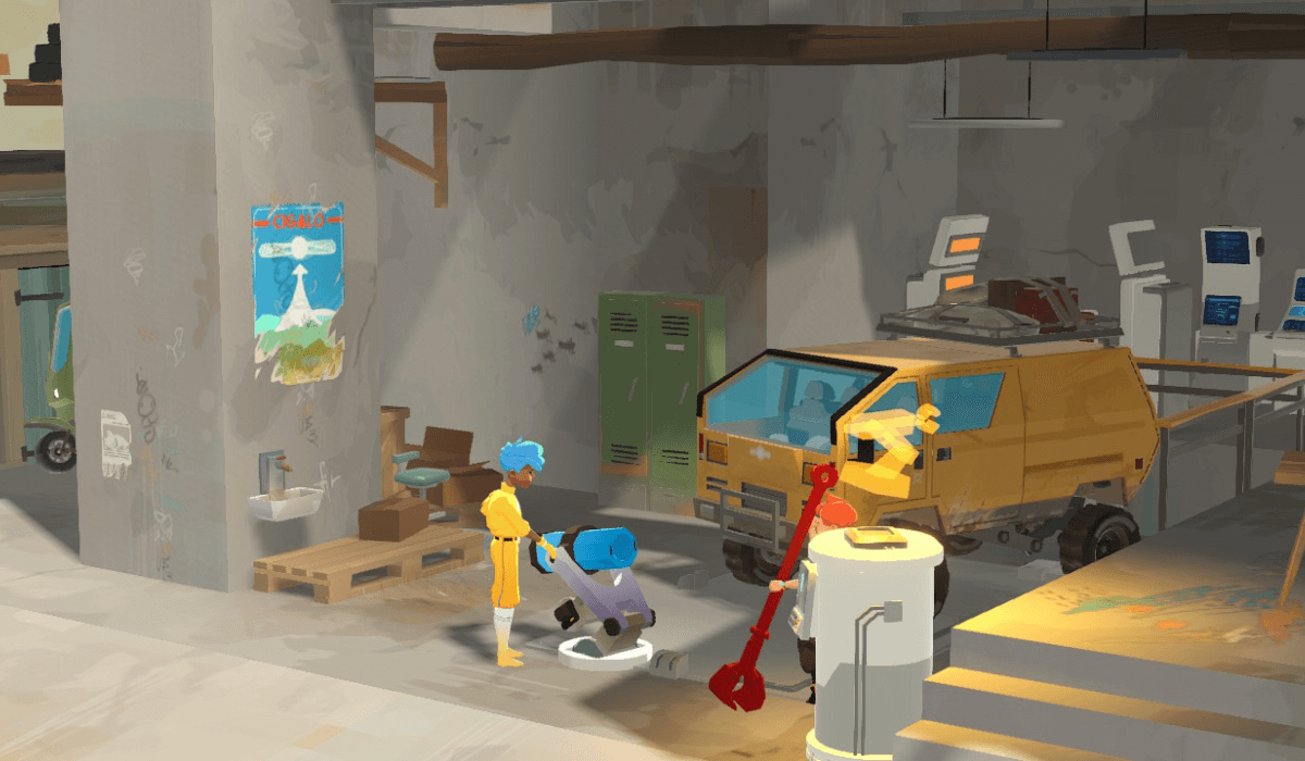 Sauge and Nifle working on the grappling hook upgrade for the van. They are working in a concrete garage, with the yellow can behind them. 