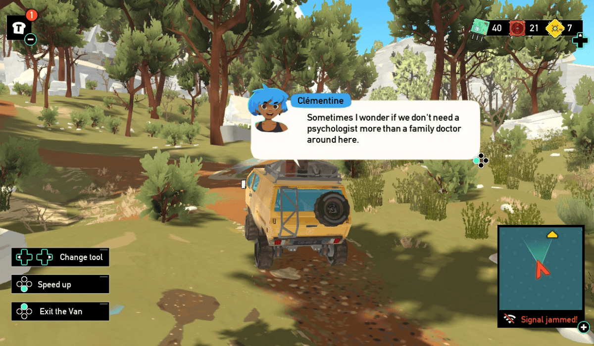 The van driving down a forest trail. A speech bubble is poking out from the van, showing a character called Clementine speaking. There is a minimap in the bottom corner, a set of controls in the bottom left, and a counter in the top right.