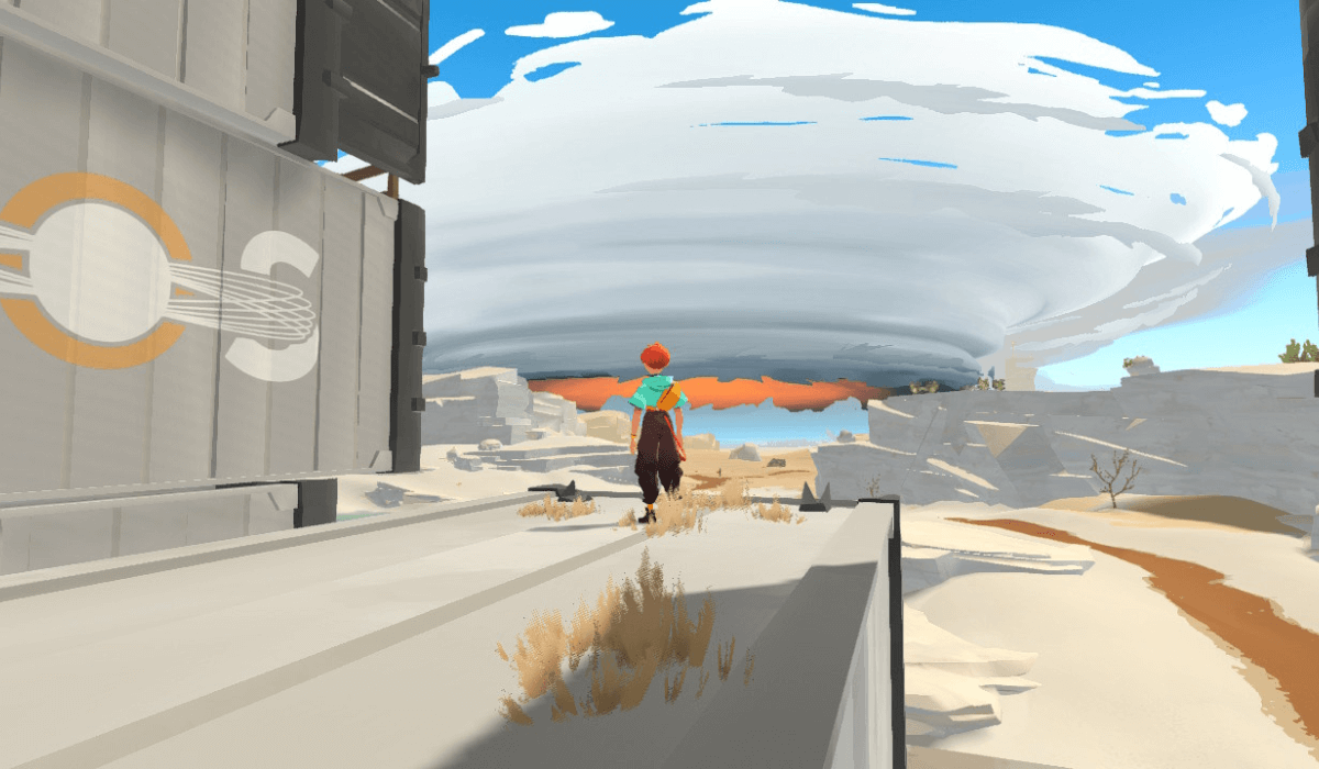 Sauge looking out, away from the character, and looking at a huge storm in the distance, which takes up most of the sky. The desert is in the foreground, and Sauge is stood on a concrete platform.