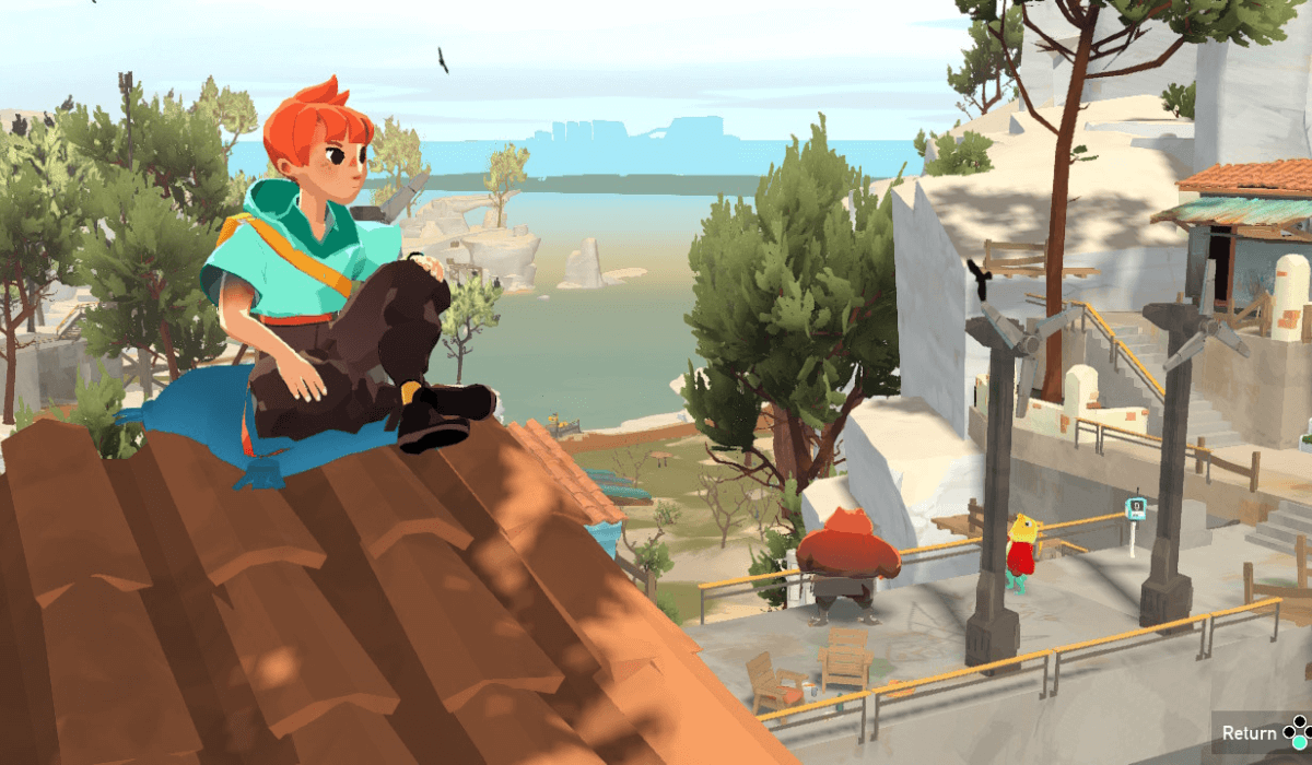 Sauge sat on a pillow on top of a roof. She is facing off camera, and in the background there is a group of frog-people on a bridge, and further away is the sea.