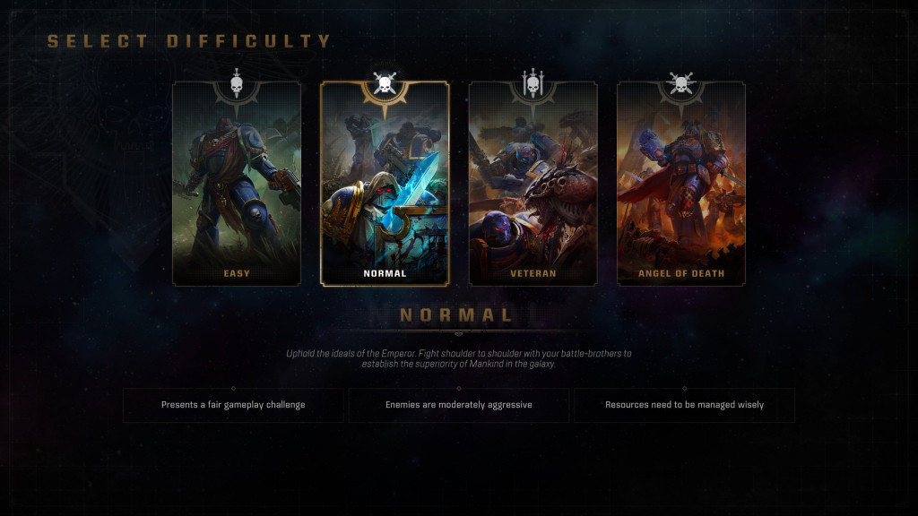Video game difficulty selection screen with four options: Easy, Normal, Veteran, Angel of Death.