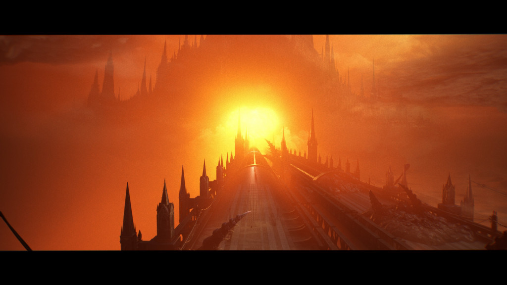 Dystopian cityscape with a vibrant sunset behind towering spires.