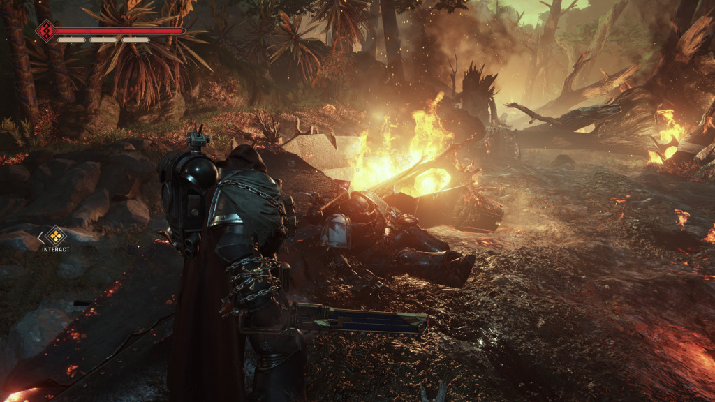 A knight in armor observing a fiery crash site in a dark, forested area, with an on-screen health bar and interact prompt.