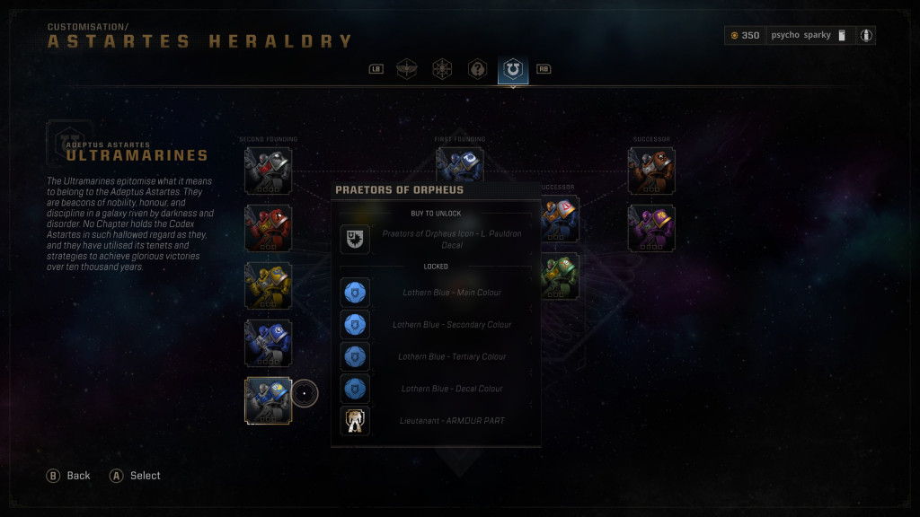 In-game "Astartes Heraldry" customization screen showcasing unlockable items and text on Ultramarines.