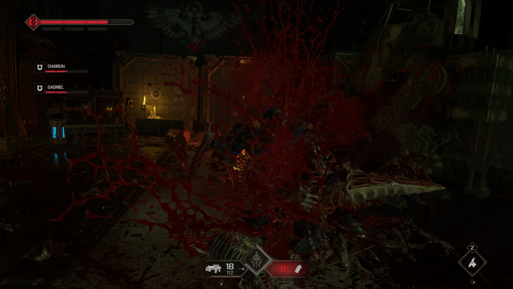 A dark video game scene with a splash of red, indicating combat, and HUD elements visible.