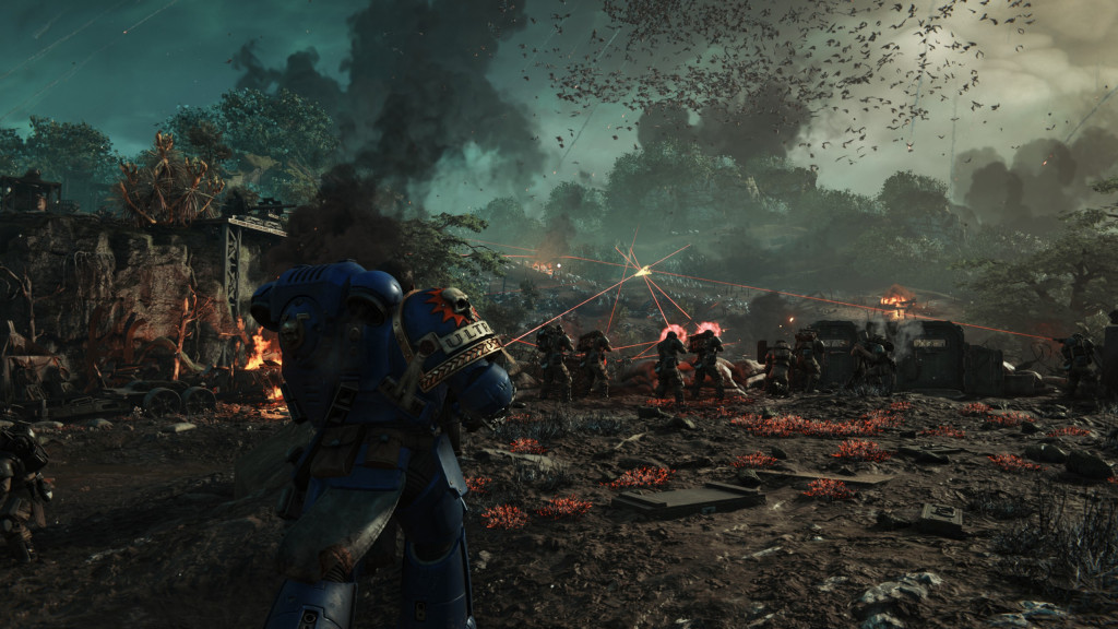 Space marine watches a battlefield with laser fire and explosions in a science fiction scene.