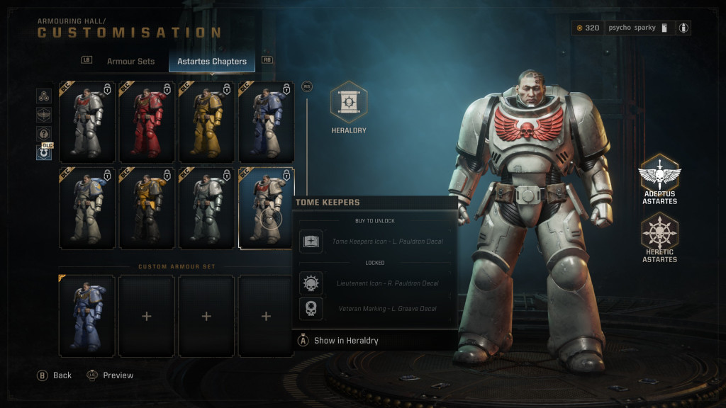 Video game armor customization screen with various armor options and a featured space marine suit.