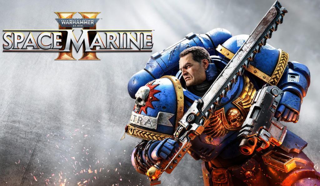 space marine 2 title screen featuring a blue ultra marine without a helmet holding a silver chainsword and a bolter gun. He looks in combat. The background is grey with orange sparks at the bottom left. The logo "Warhammer 40000" and "Space Marine II" are in the top left.