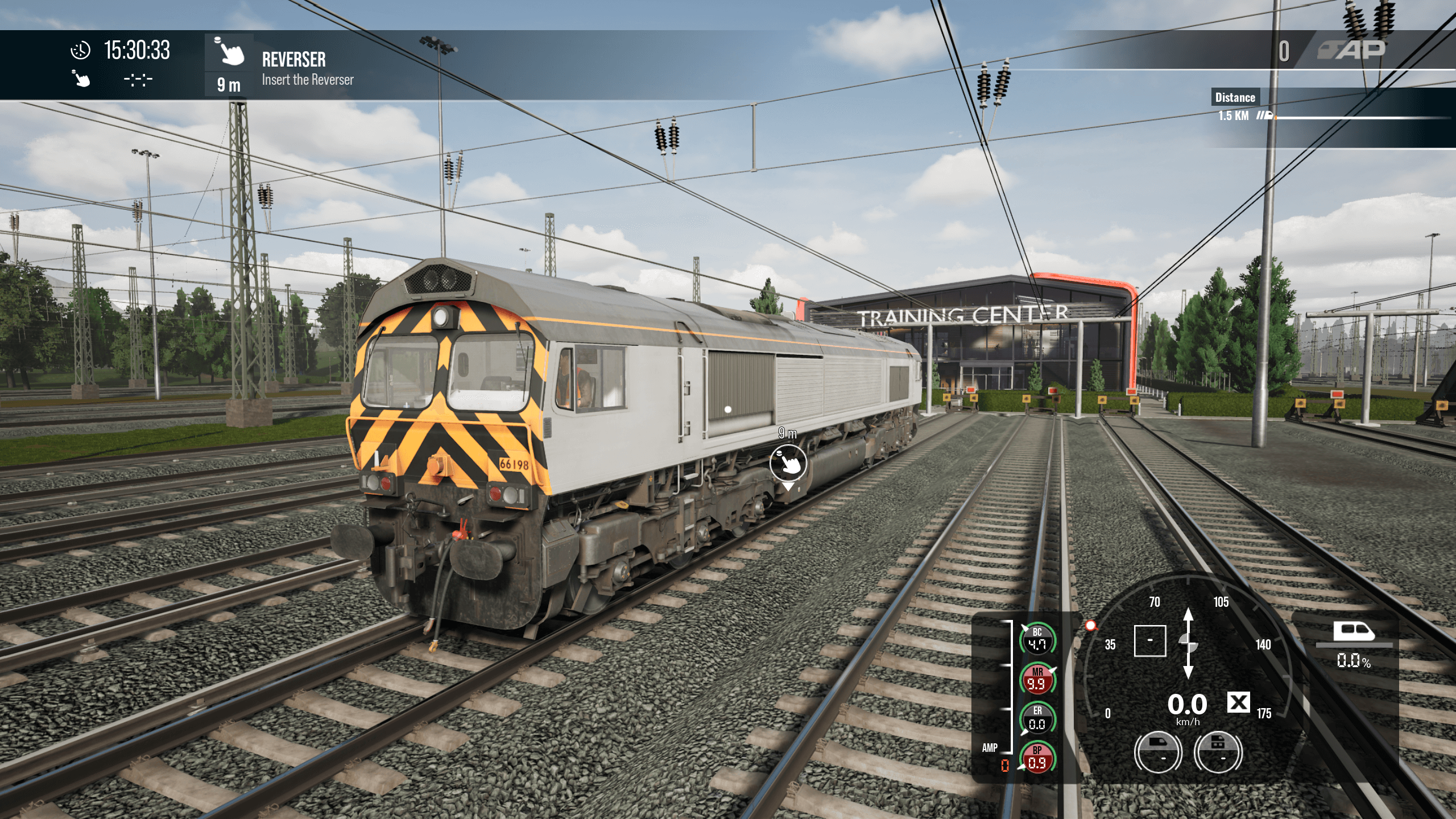screenshot from Train Sim World 5 showing a train sat outside the training centre. There are a number of indicators in the bottom right giving some information about the train and it's movements.